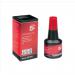 The image shows a vibrant red 28ml ink bottle with the brand Spicers and product name 5 Star Office Endorsing Ink written on it. In the foreground, a stamp pad with the same logo can be seen with a few drops of ink on it. The background showcases a stack of other office supplies.