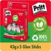 The photo shows five packs of Henkel Glues & Adhesives Pritt Stick, each containing a 43g stick. The packaging is yellow and blue, with the Pritt logo prominently displayed. The sticks themselves are white and cylindrical in shape. The background is a clean, white surface, and the products are neatly stacked and arranged in the center of the photo. The label on each pack is clearly visible and provides the brand name, product name and size. Overall, the photo conveys a sense of organization and simplicity, making it easy to identify and access the Pritt Sticks.