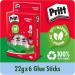 This photograph showcases a pack of 6 Henkel Glues & Adhesives Pritt Stick, each containing 22g of product. The sticks are neatly lined up in the image with their caps on, clearly displaying the products branding and labeling. The background is a clean, white surface which emphasizes the vibrant and eye-catching colors of the packaging. The sticks appear small and compact, perfect for easy storage and transportation. A closer look reveals the smooth and uniform texture of the sticks, promising precise and mess-free application. Overall, the photograph exudes simplicity and efficiency, making this product a practical choice for all adhesive needs.