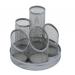 The image shows a sleek and modern desk tidy from 5 Star Office. Made of wire mesh, it is scratch resistant and has a non-marking base. The tidy has 5 compartments, each with a diameter of 160x140mm. The overall height of the tidy is 160mm and it is presented in a stylish silver color. Perfect for keeping your desk organized and clutter-free.