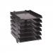 This photo features six Avery UK Letter Trays in black, each measuring W250xD320xH300mm. The trays are self-stacking and designed for A4 paper. A stack of papers and folders can be seen neatly organized in the trays. The black color adds a professional touch to any workspace.