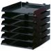 This photograph features a stack of Avery UK Letter Trays, specifically the Avery Paperstack Letter Tray. The trays are self-stacking and have a size of W250xD320xH300mm. They come in a sleek black color and this pack contains six trays.