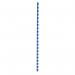 The photo shows a pack of 100 21-ring blue plastic binding combs from 5 Star Office. Each comb can hold up to 45 A4 sheets and has a diameter of 8mm. The combs are made by Spicers and have a professional, durable look.