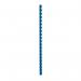 The photograph features a pack of 100 5 Star Office plastic binding combs in blue, each with 21 rings and a capacity of 65 sheets of A4 paper. The combs have a 10mm diameter and are from the Spicers Binding Combs line.