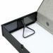 The photograph shows a stack of sleek, black box files, neatly organized and labeled. The top file is open, revealing crisp, ruled paper inside. The corners are reinforced for durability, and the files are bound together with a sturdy metal clip. The brand 5 Star Office is visible on the clip, with a small logo in the bottom corner. The files are labeled as Foolscap size, indicating they are ideal for larger documents. Overall, the photo exudes a sense of professionalism and organization.