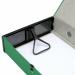 The photograph depicts 5 green box files neatly organized side by side. Each file has the label 5 Star Office Box File Foolscap printed in bold font on the front. The files are made of sturdy material and have a glossy finish. The top flap of each file is secured with a metal clip, keeping the contents safe and secure. These essential office supplies are perfect for organizing important documents and papers.