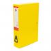 The picture shows five yellow foolscap size box files from Spicers, labeled as 5 Star Office. They appear to be made of sturdy material with a smooth finish. Each box file has a label holder on the front for easy organization and identification. The corners are reinforced for added durability. The spines are thick and clearly labeled with a white strip for writing the contents. The vibrant yellow color adds a pop of color to any office space. The overall design is simple and functional, perfect for storing important documents and papers.