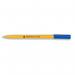 The image shows a group of 5 star ballpoint pens with yellow barrels. Each pen has a fine 0.7mm tip and creates a 0.3mm line in blue ink. The pack contains 50 pens.