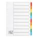 This image features a set of Spicers Dividers & Indexes 5 Star Office Subject Dividers. The dividers are 10-part and have been multipunched for convenience. Each divider is reinforced with Mylar and has vibrant multicolored tabs. The material used is sturdy 150gsm and the size is A4. The dividers are in a clean, crisp white color.
