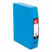 The picture shows a blue Spicers Box File labeled 5 Star Office with a capacity of 70mm. It is made of sturdy polypropylene material and features twin clip lock mechanisms for secure closure. The file is designed to hold foolscap sized documents and has the brand name Spicers printed on the front.