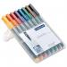 This picture shows a set of Staedtler OHP markers, including a fine 0.6mm line non-permanent Lumocolor pen. The set comes in a wallet with 8 assorted colors.