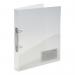 The image shows a pack of 10 ACCO Brands Ring Binders made of translucent clear polypropylene material. Each binder has 2 O-shaped rings that measure 25mm and can hold A4 sized papers. The Rexel Ice design gives it a sleek and modern look.