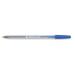 The photograph depicts a pack of five star ballpoint pens with clear barrels. Each pen has a medium 1.0mm tip and creates a precise 0.4mm line in a vibrant blue color. The pack includes a total of 50 pens, providing plenty of writing options.