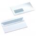 The photo features a stack of white DL envelopes, each with a self-seal closure and a clear window. Made from 90gsm paper, these 5 Star branded envelopes are PEFC certified and come in a pack of 500. They measure 220x110mm and are ideal for professional or personal correspondence.