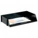 The photo shows a set of 5 black letter trays made of high-impact polystyrene. They are stackable and have a wide entry for easy access. Each tray is labeled with the brand 5 Star Office.