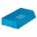 This image shows a stack of blue Spicers Letter Trays, made of high-impact polystyrene. These trays have a wide entry point and are stackable for convenient storage.