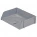 The photograph shows a set of Spicers Letter Trays, made of high-impact polystyrene in a stylish grey color. These stackable trays have a wide entry design, perfect for organizing papers and documents. Overall, the trays have a clean and professional look, ideal for any modern office setting.