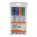 This picture shows four 5 Star Office Flipchart Markers with a bullet tip and a 2mm line width. The markers are water-based and come in an assortment of colours. They are neatly organized in a wallet for easy storage and transportation.