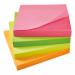 The photograph captures a stack of 5 Star Post-it and Re-Move products, including a pack of 12 neon colored pads each with 100 repositionable sheets measuring 76x76mm. The assorted colors add a pop of brightness to any workspace.
