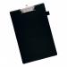 The photo features a sleek black PVC-covered clipboard with the words 5 Star Clipboards 5 Star Office Standard Clipboard printed across the top. It is designed to hold foolscap-size documents and has a professional, high-quality appearance.