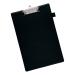 The photograph shows a black, PVC-covered clipboard from 5 Star Office. The standard size is foolscap and it features 5 star clipboards.