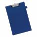 The photo shows a stack of 5 blue standard clipboards with PVC covers. Each one features a 5 star rating and is made for foolscap-sized documents. The clipboards look sleek and professional, perfect for any office setting.