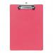 This photo shows a pink 5 star office clipboard from Spicers. It is made of solid plastic and has rounded corners for durability. The A4 size can hold standard documents securely.