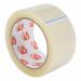 The photograph shows a pack of 6 clear 5 Star Packaging Tape rolls. Each roll is made of low noise polypropylene and measures 48mm x 66m. The tape is ideal for office use and provides strong adhesion for packaging and shipping needs.