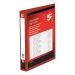 The photograph shows 10 red 5 Star Office A4 presentation binders with 38mm 4D-ring binders made of polypropylene. The binders cover is smooth and glossy, with the brand name and logo in the center. The binders are neatly stacked on top of each other, ready for use.