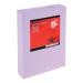 A photograph of 5 Star Coloured Paper shows a stack of 500 sheets of medium violet paper, wrapped in ream packaging. The paper is A4 size and has a weight of 80gsm. Perfect for multifunctional use in any office setting.