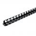 This image shows a pack of 100 black plastic binding combs from 5 Star Office. Each comb has 21 rings and can hold up to 125 sheets in A4 size. The diameter of each comb is 16mm.