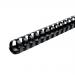 The picture shows a pack of 50 black plastic binding combs by 5 Star Office. Each comb has 21 rings and can hold up to 225 sheets of A4 paper. They are 25mm in size and have a neat and professional appearance.