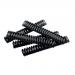 The photograph shows a stack of 5 Star binding combs, made of plastic and featuring 21 rings. The combs are able to hold up to 425 sheets of A4 paper and are 50mm in length. The combs are all a sleek black color and come packaged in a box of 50.