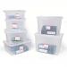 A photo of 5 Star Storage Boxes shows a stack of sleek, clear plastic containers with secure lids. Each box has a capacity of 38 litres and is perfect for organizing and storing items in an office or home setting. The containers are sturdy and can be stacked for efficient use of space.