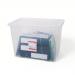 This photograph shows 5 Star Storage Boxes 5 Star Office Storage Box made of plastic with a lid. The boxes are stackable and have a capacity of 96 litres. The boxes are clear and the product code is 938499.