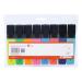 The image shows eight 5 Star highlighters in a variety of colors, each with a chisel tip and a 1-5mm line width. They come in a wallet-style packaging and are perfect for highlighting important notes and documents.