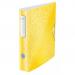 The image features a bright yellow, A4 size, 50mm thick ACCO Brands Lever Arch File from Leitz. The unique 180° Active WOW Lever Arch mechanism can be seen, providing easy access and quick filing. The file also comes in an outer carton, containing a set of 5 files.