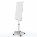 The photo shows a sleek and modern flipchart easel by ACCO Brands. The easel features a glass surface and measures 1850 x 700mm, providing plenty of writing space. Its mobility allows for easy movement around the room and the magnetic whiteboard feature makes it convenient for displaying notes and posters. The clean white color gives a professional and polished look.