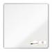 The image displays a high quality 1200x1200mm whiteboard from ACCO Brands Nobo Premium Plus line. Made from durable melamine material, it features a sleek and modern design with a smooth writing surface. The whiteboard is surrounded by a sturdy aluminum frame and comes with a built-in tray for holding markers and erasers. The clean and minimalistic appearance makes it a great addition to any office or learning environment.