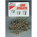 This photograph features a box of 500 brass eyelets for use with ACCO Brands filing accessories. The eyelets are a shiny gold color and are neatly organized in rows inside the box. The outer carton, containing 10 boxes of eyelets, is also visible in the background. The eyelets are of standard size and are ideal for securely attaching documents to folders or looseleaf pages.