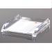 A photograph of ACCO Brands Letter Trays Rexel Nimbus Letter Tray Clear 2101504 shows a transparent plastic letter tray with a sleek, modern design. The tray has multiple compartments for organizing documents and has the ACCO Brands logo on the side. The clear material allows for easy visibility of the contents inside.