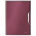The picture shows a sleek and modern A4 expanding file, with a deep garnet red color. The file has six compartments, perfect for organizing and storing important documents. The file is made by ACCO Brands and has the Leitz Style branding. The picture also includes the outer carton, which contains five of these files.