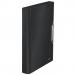 The image shows a black satin expanding file with 6 compartments, designed in the Leitz style and designed to fit A4 documents. It comes in an outer carton of 5. The file appears sleek and professional, with a smooth texture and a modern, minimalistic design. The compartments are clearly visible and allow for easy organization of documents. The black color adds a touch of sophistication to the overall look.