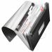 The photo shows a sleek, black outer carton containing a set of 5 ACCO Brands Expanding Files. Each file has 6 compartments, providing ample space for organizing A4 sized documents. The file features a modern Leitz style design, exuding elegance and sophistication. The satin black finish gives it a polished look, making it a stylish addition to any workspace. The expanding files are perfect for storing important papers and keeping them easily accessible.