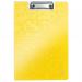 The photo shows a bright yellow Leitz WOW Clipfolder with a cover, designed for A4 sized documents. The clipfolder features the iconic Leitz branding and is made from durable materials. It is a stylish and practical addition to any office or work space.