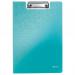The Leitz WOW Clipfolder is a vibrant metallic ice blue color, with a sturdy cover and clip to securely hold A4 documents. The outer carton contains 10 clipfolders, perfect for organizing and protecting important papers.