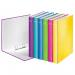 The photo shows a stack of 10 Leitz WOW Ringbinders in assorted colors, each with a laminated A4+ size and 2 D-ring mechanism with a 25mm capacity. Each binder is wrapped in a brightly colored outer carton with the Leitz logo prominently displayed.