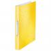 The image shows a set of Leitz Ring Binders in a vibrant yellow color. Made of polypropylene, these binders feature a 25mm, 2 round ring mechanism and are designed for A4 paper. The outer carton contains 10 binders.