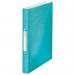 In the photo, there are 10 Leitz WOW A4 ring binders. The outer carton is in a vibrant ice blue color. Each binder is made of polypropylene and has 2 O-Rings with a diameter of 25mm. The binders are neatly stacked on top of each other, giving a clear view of the vibrant color and sturdy construction.
