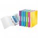 This image shows a set of 12 Leitz WOW ring binders in assorted colors. Each binder has a capacity of 25mm and features 2 O-shaped rings. They are made of strong polypropylene material and are sized to fit A4 paper. The binders come packaged in an outer carton for easy storage and organization.